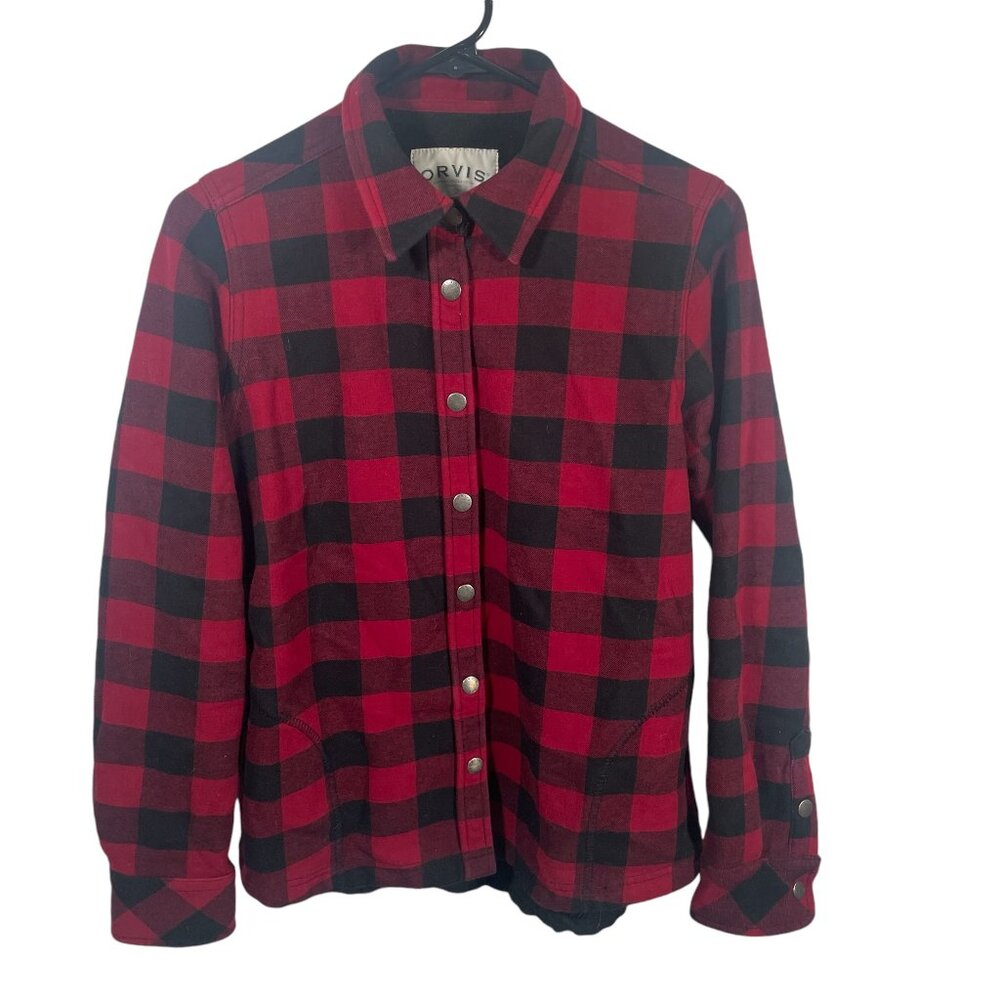 Orvis Pinnacle Flannel Shacket Fleece Lined Womens Small Red Black Snap Up